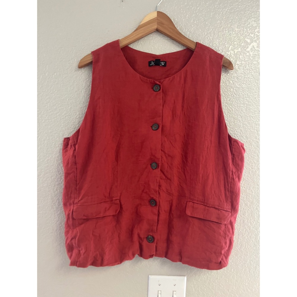 J.Crew Women Red 100% Linen Button Down Cinch Back Vest Top Size 20